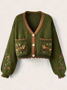 Button Up Fox Nature Army Green Cardigan With Pockets